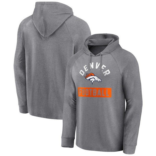 Men's Denver Broncos Heathered Gray No Time Off Raglan Pullover Hoodie - Click Image to Close